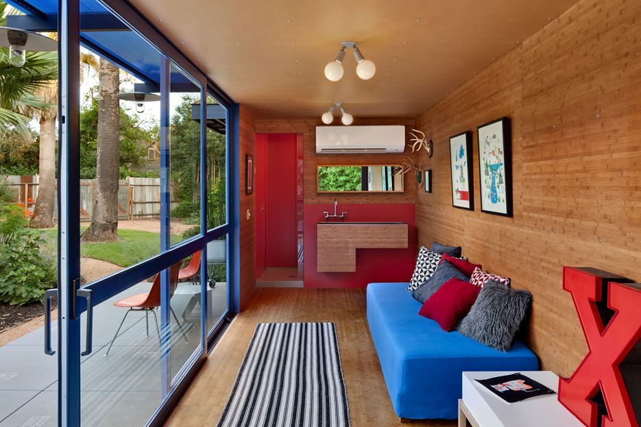 Wood paneling interior of container home